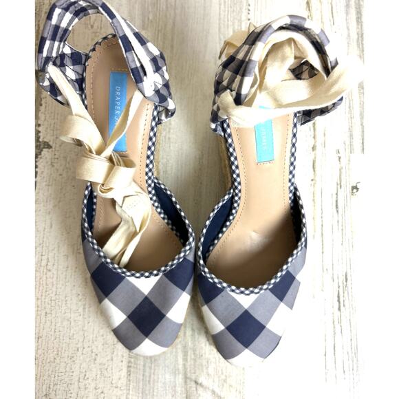 Draper James Womens 9 Navy Blue White Gingham Wedge Espadrille Sandals Shoe NEW - Picture 6 of 10